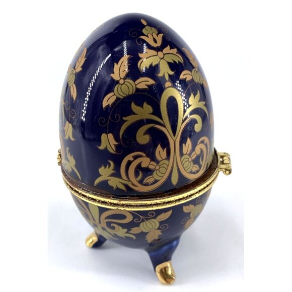 Cobalt Blue Egg Trinket Box Footed Floral Decoration 3.5" Porcelain Vintage - Picture 4 of 8